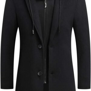 Men's Wool Coat Hoodie Long Trench Coat Cotton Casual Woollen Overcoat Jacket
