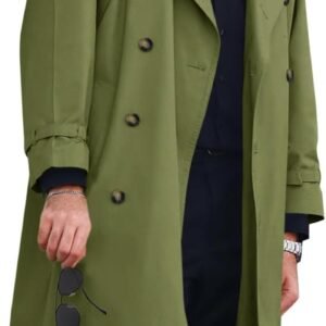 Mens Trench Coat Double Breasted Long Jacket Casual Windbreaker Notched Lapel Belted Overcoat