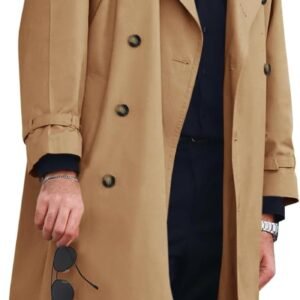 Mens Trench Coat Double Breasted Long Jacket Casual Windbreaker Notched Lapel Belted Overcoat