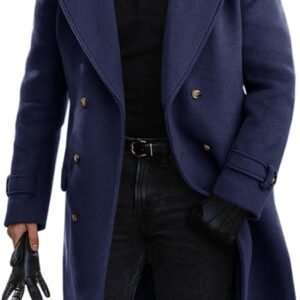 Mens Double Breasted Trench Coat Mid Long Jacket Notched Lapel Winter Chunky Warm Overcoat