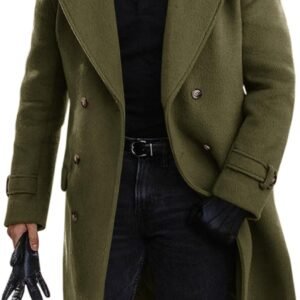 Mens Double Breasted Trench Coat Mid Long Jacket Notched Lapel Winter Chunky Warm Overcoat