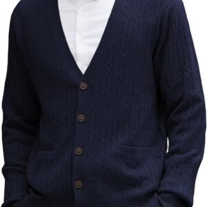 Men's Cardigan Sweater Wool Blend Cable Knit V Neck Buttons Cardigan with Pockets