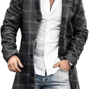 Mens Plaid Trench Coat Vintage Graphic Mid Long Jacket Coats Lapel Single Breasted Wool Blend Color Block Overcoat