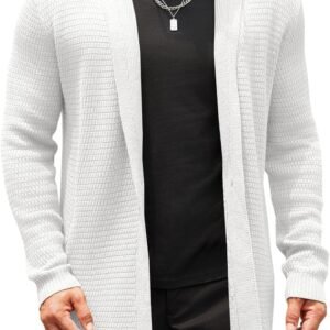 Mens Cardigan Sweater Shawl Collar Cable Knit Cardiagn Long Winter Open Front Sweaters with Pockets