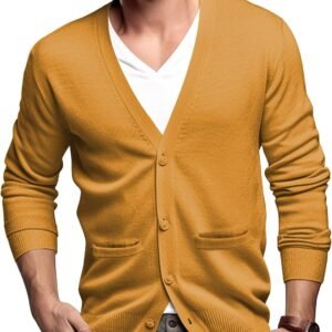 Men's 100% Cotton Cardigan Sweater Casual V-Neck Button Down Knitted Outerwear with Pockets
