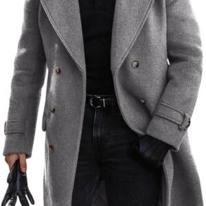 Mens Double Breasted Trench Coat Mid Long Jacket Notched Lapel Winter Chunky Warm Overcoat