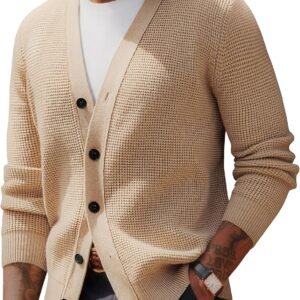 Mens Waffle Textured Cardigan Sweater Long Sleeve V-Neck Knitted Sweaters