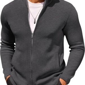 Mens Zip Up Cardigan Sweater Slim Fit Casual Full Zip Sweaters Knit Stand Collar Cardigans with 2 Front Pockets